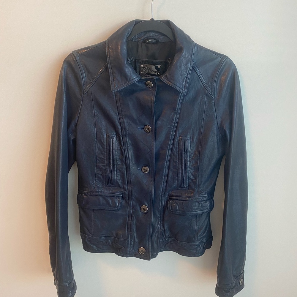 Mackage, Leather Jean Jacket, Size Small, Blue